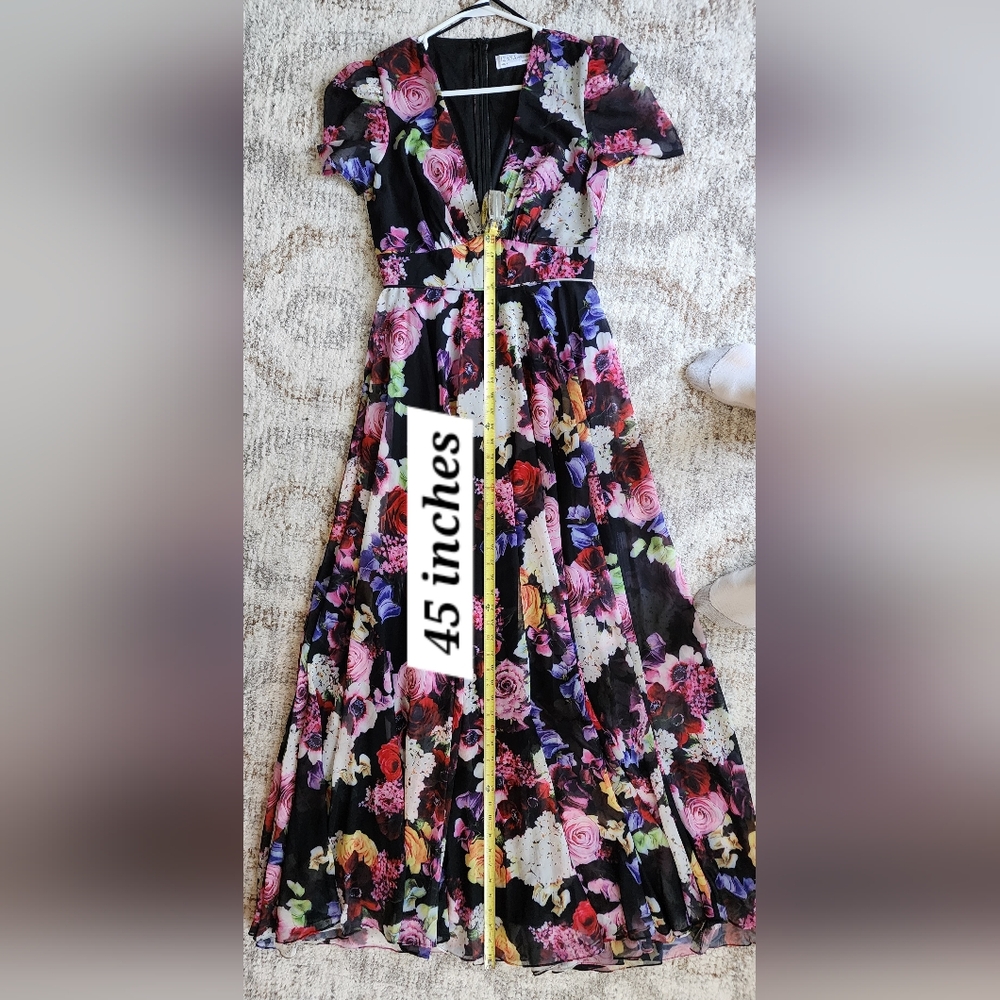 Ieena for Mac DuggalBlack Floral Print Mesh Short Sleeve Gown, Sizee 6 Worn Once - Picture 14 of 15